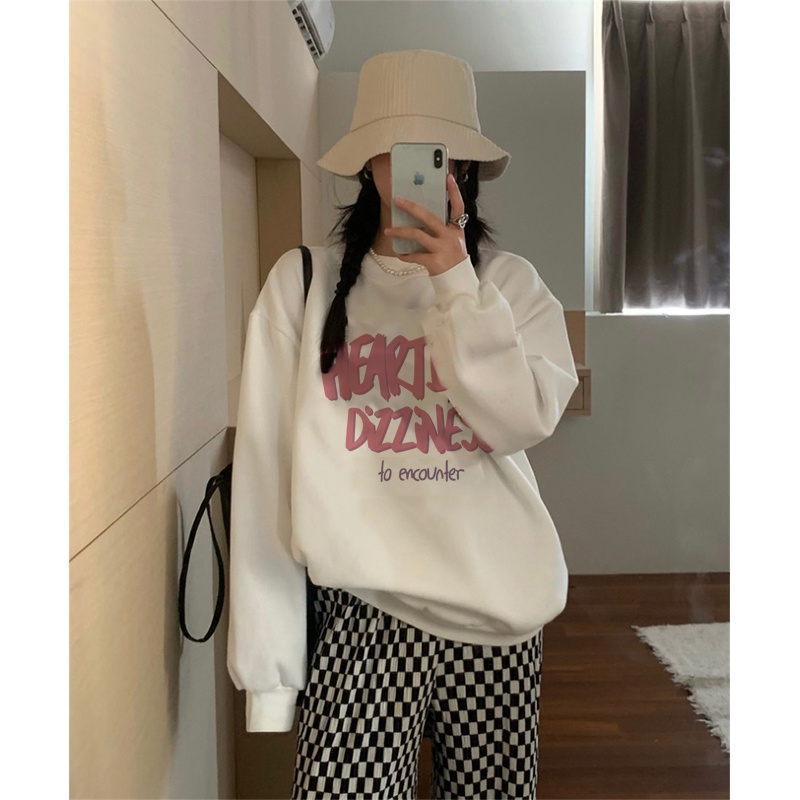 Kaos Stasan Wanita Oversize Couple Sweater American Vintage Pink Letter Cartoon Graphic Priting Top Kekinian Casual Sweater/atasan kaos wanita lengan panjang