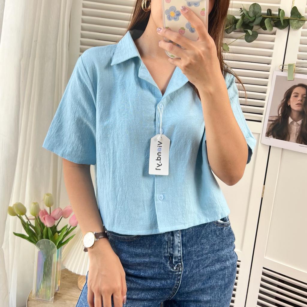 Blouse Polos Wanita Korea Terbaru / Atasan Cewek 142/crop Linen kemeja crop