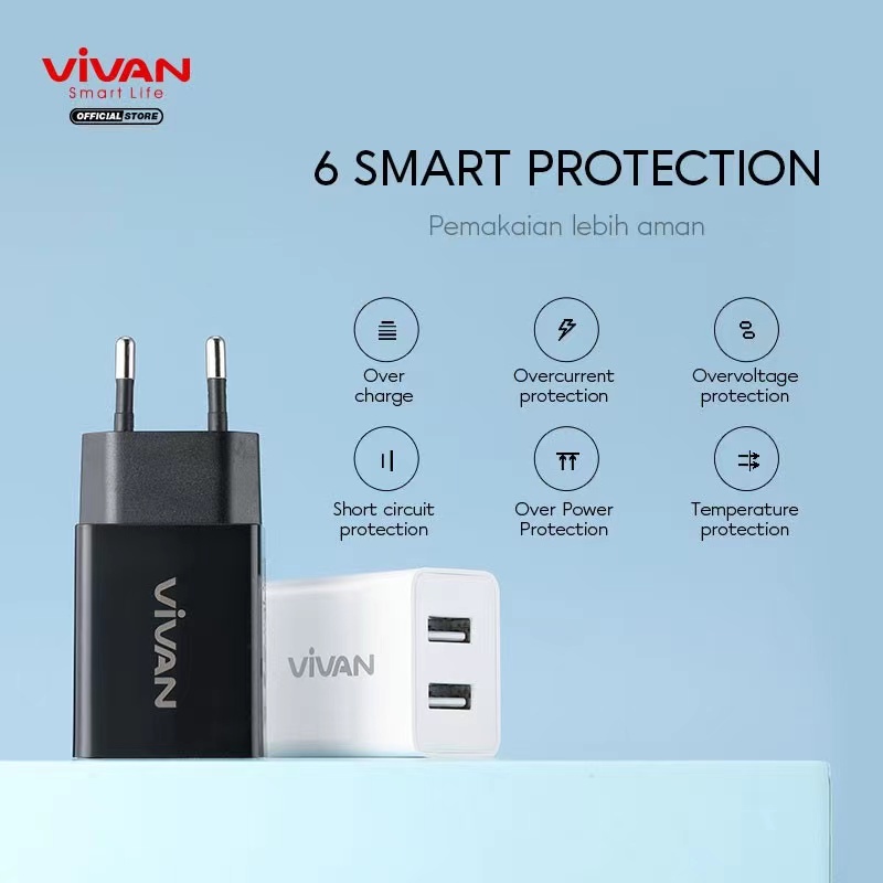 Charger 2.4A VIVAN DD02 - Dual Port USB FREE KABEL MICRO USB Garansi Resmi 1 Tahun