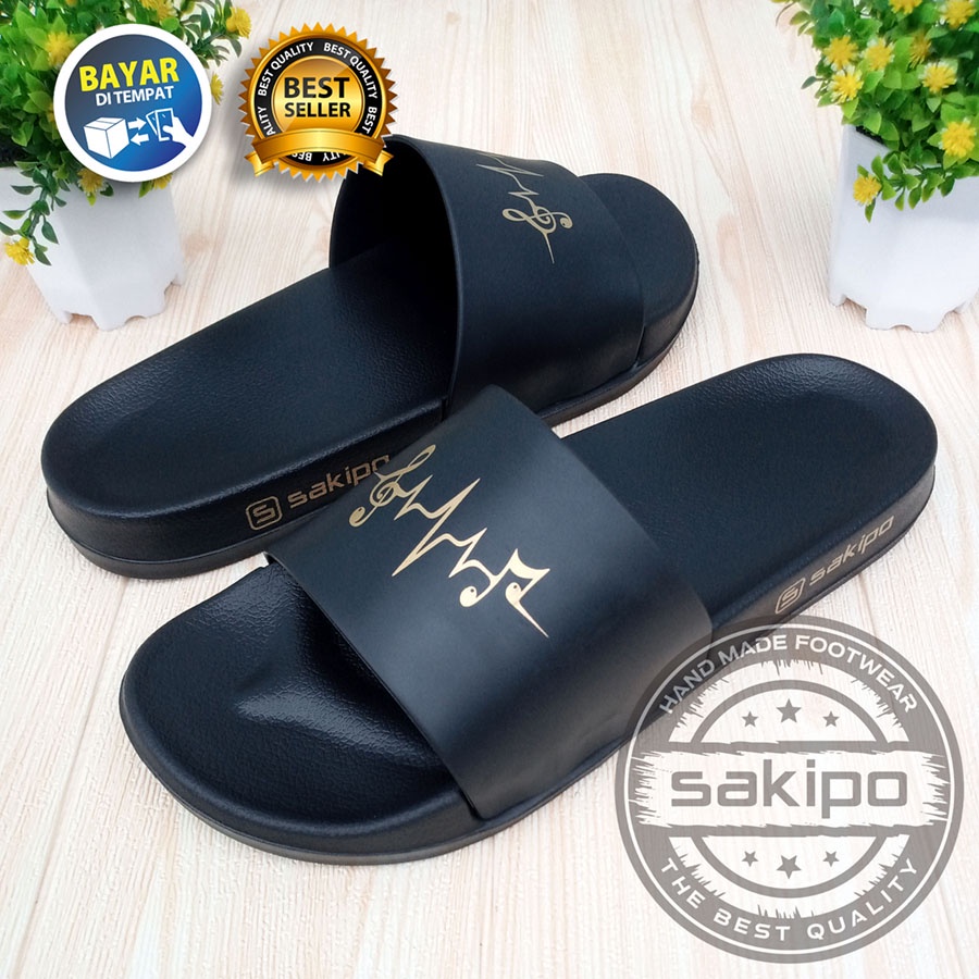 PROMO 2.2 COD SALE !! SANDAL DISTRO KEREN KEKINIAN PRIA DEWASA REMAJA SLIDE HITAM EMAS MOTIF FREKUENSI NADA / SENDAL SLIDE MURAH TERBARU / SENDAL TAHAN AIR TERMURAH / SAKIPO