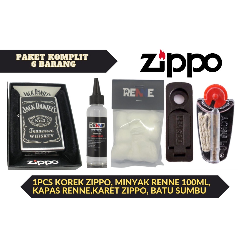 Korek Api Zippo Silver Jack Daniels Lengkap Plus Minyak Kapas Batu Sumbu dan Tutup Karet Zippo