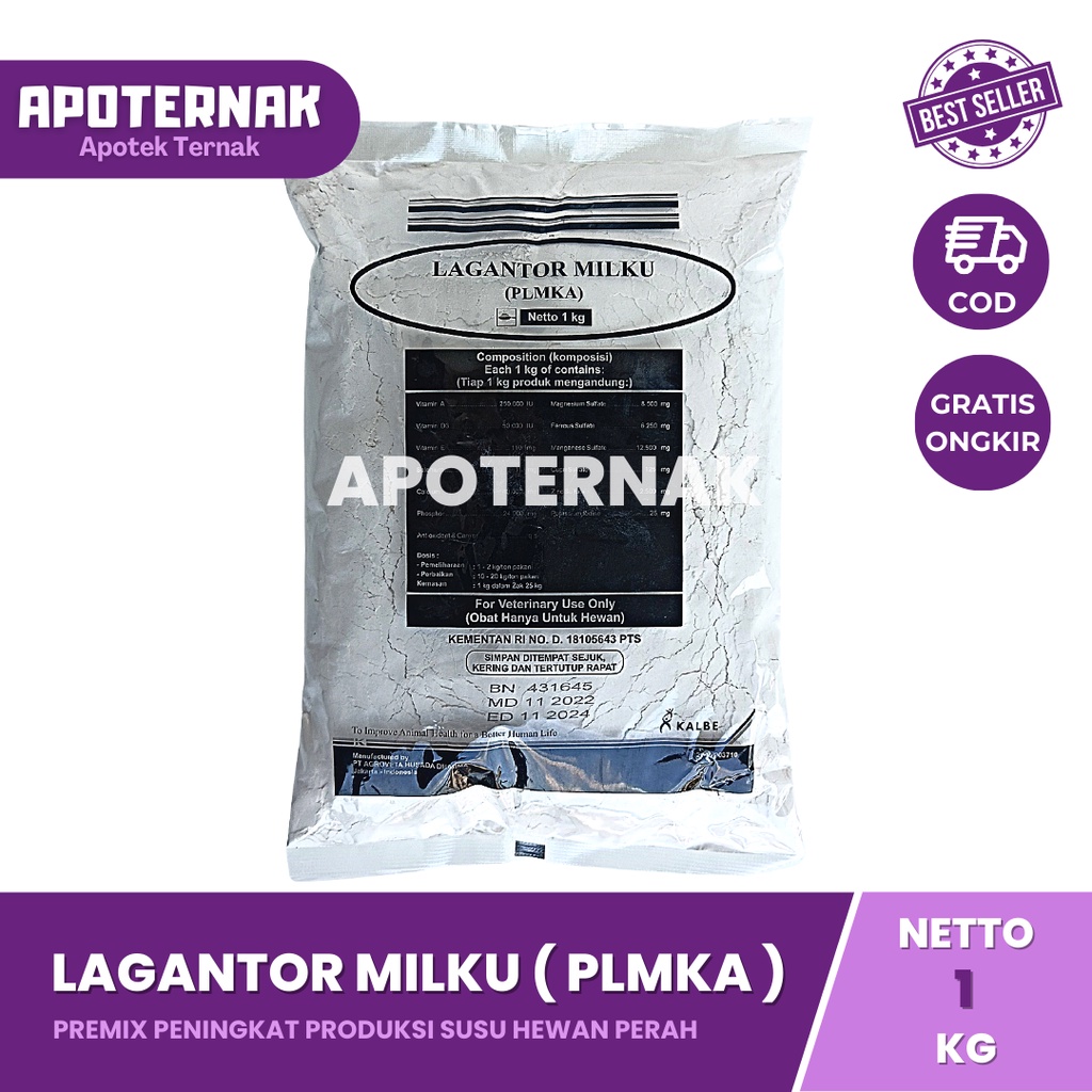 LAGANTOR MILKU | Premix Peningkat Produksi Susu &amp; Pertumbuhan, Pengurang Stress Sapi Kambing Perah 1 kg | KALBE