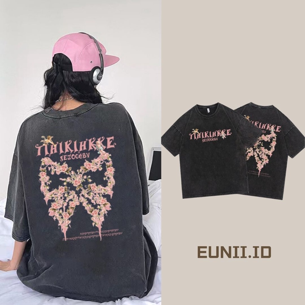 EUNII T-shirt Lengan Pendek Black Washed Retro Pink Bow Printing Korean Style/Kaos Atasan Wanita/Baju Wanita/Kaos Wanita