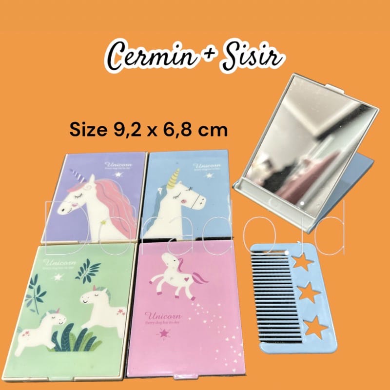 Cermin Plus Sisir Mini Travel Size Portable 9,2 cm x 6,8 cm / Kaca Mini