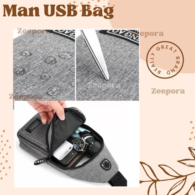 Tas pria tas cowok usb selempang waterproof waistbag dengan usb tas pria usb bag anti gores tahan air antiscretch