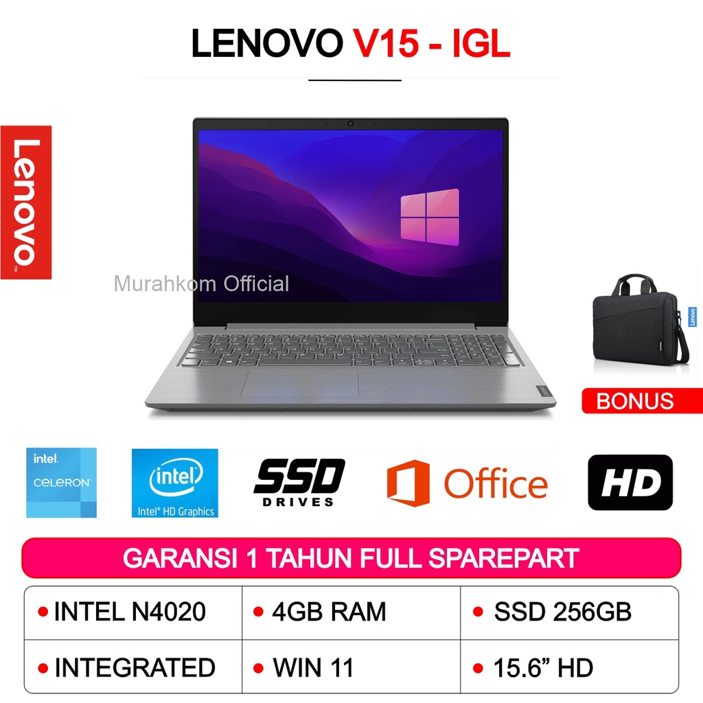 LAPTOP LENOVO V15-IGL 4GB SSD 256GB 15.6&quot; INTEL N4020 NEW GARANSI FREE TAS