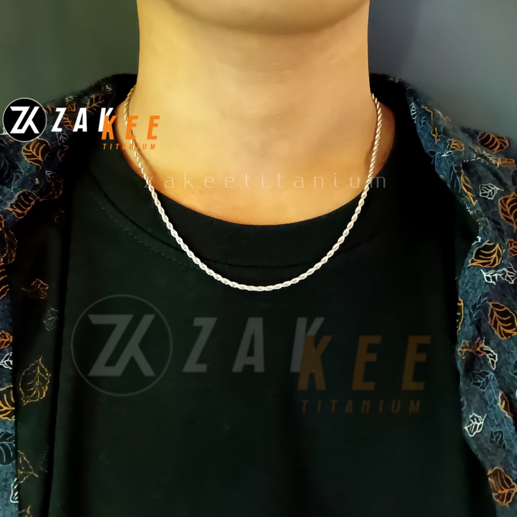 Kalung Pria Titanium Anti Karat Silver Cowok Cewek Keren Wanita Rantai Rante Tali Tambang Ulir Stainless Steel Panjang 45cm 60cm