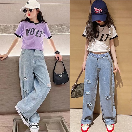 Setelan anak PEREMPUAN CROP SET import VOLT + CELANA JEANS TEBAL KEKINIAN setelan anak teenageR