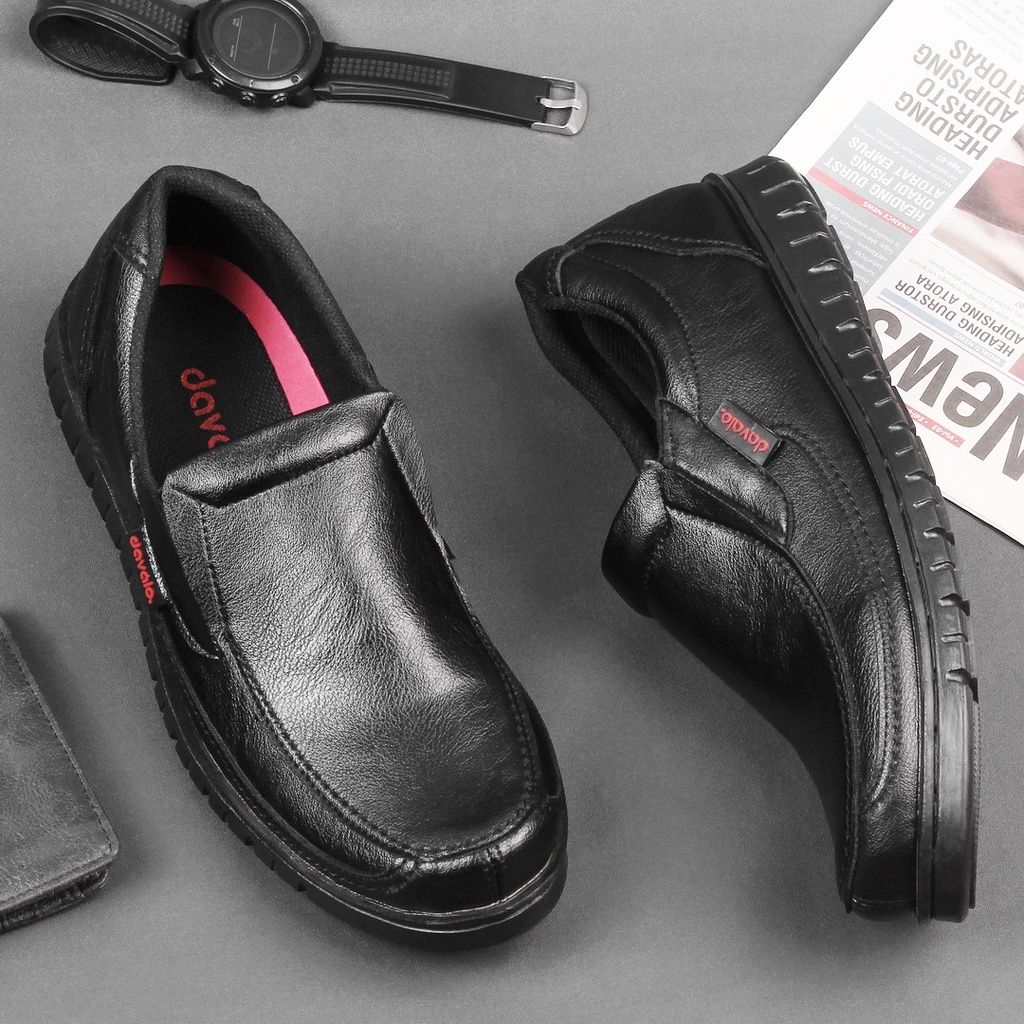 Sepatu Pantofel Pria Kulit Kerja Kantor Casual d091 Kasual Sol Karet Slip On Hitam