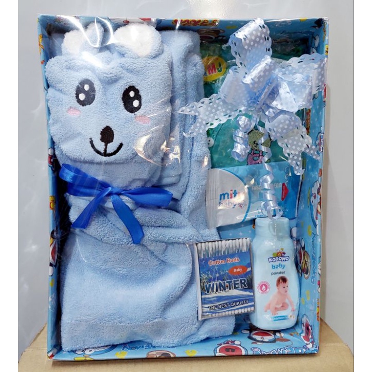 Hampers Kado bayi baru lahir set perlengkapan Mandi Bayi Handuk Karakter dan Baju bayi Tisu Bedak