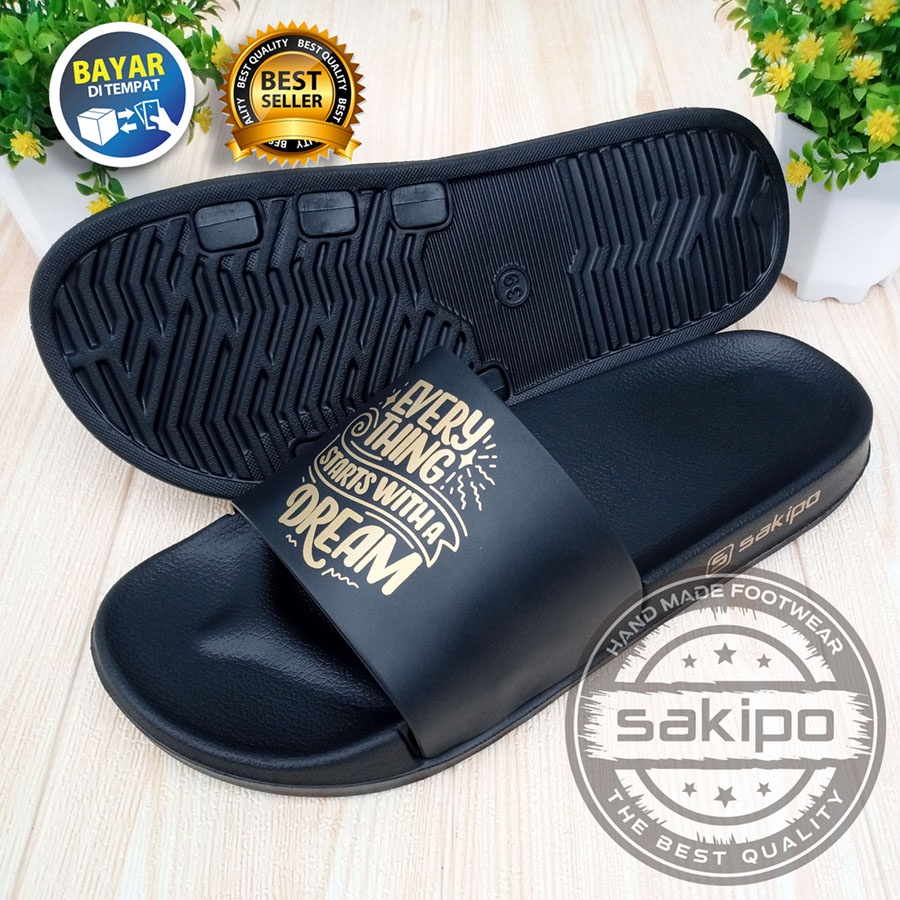 PROMO 1.1 NEW YEAR SALE !! SANDAL DISTRO KEREN KEKINIAN PRIA DEWASA REMAJA SLIDE HITAM EMAS MOTIF TULISAN MOTIVASI / SENDAL SLIDE MURAH TERBARU / SAKIPO