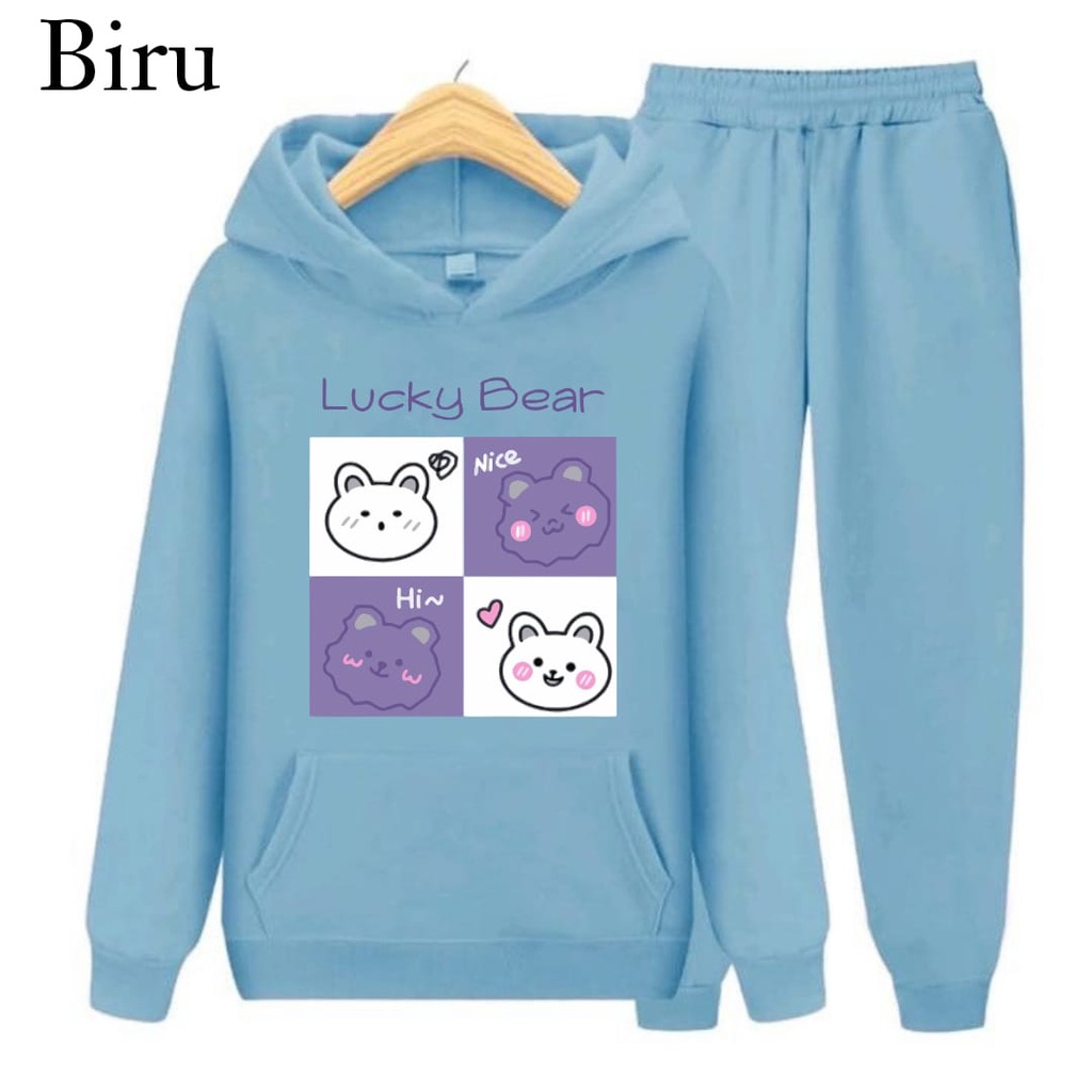 Hzl_outfit SETELAN HOODIE SWEATER LUCKY BEAR ANAK S.M.XL