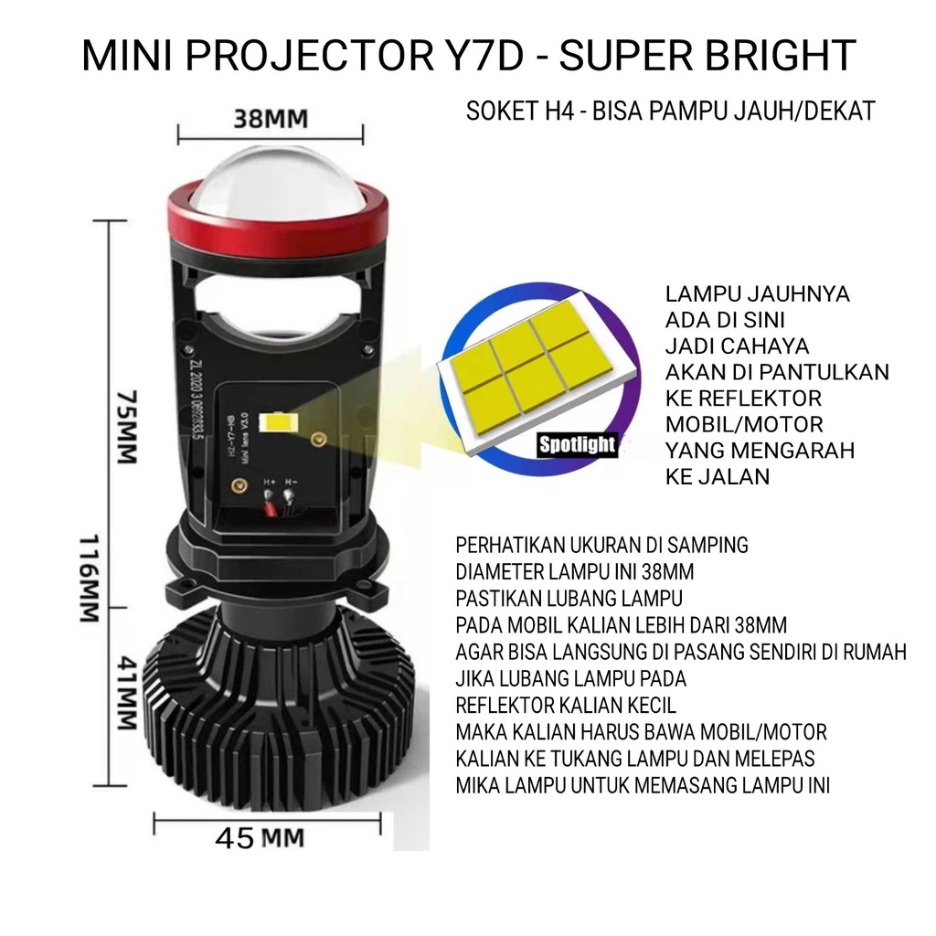 LAMPU LED MOBIL MOTOR H4 MINI PROJECTOR PROJIE Y7D SUPER BRIGHT