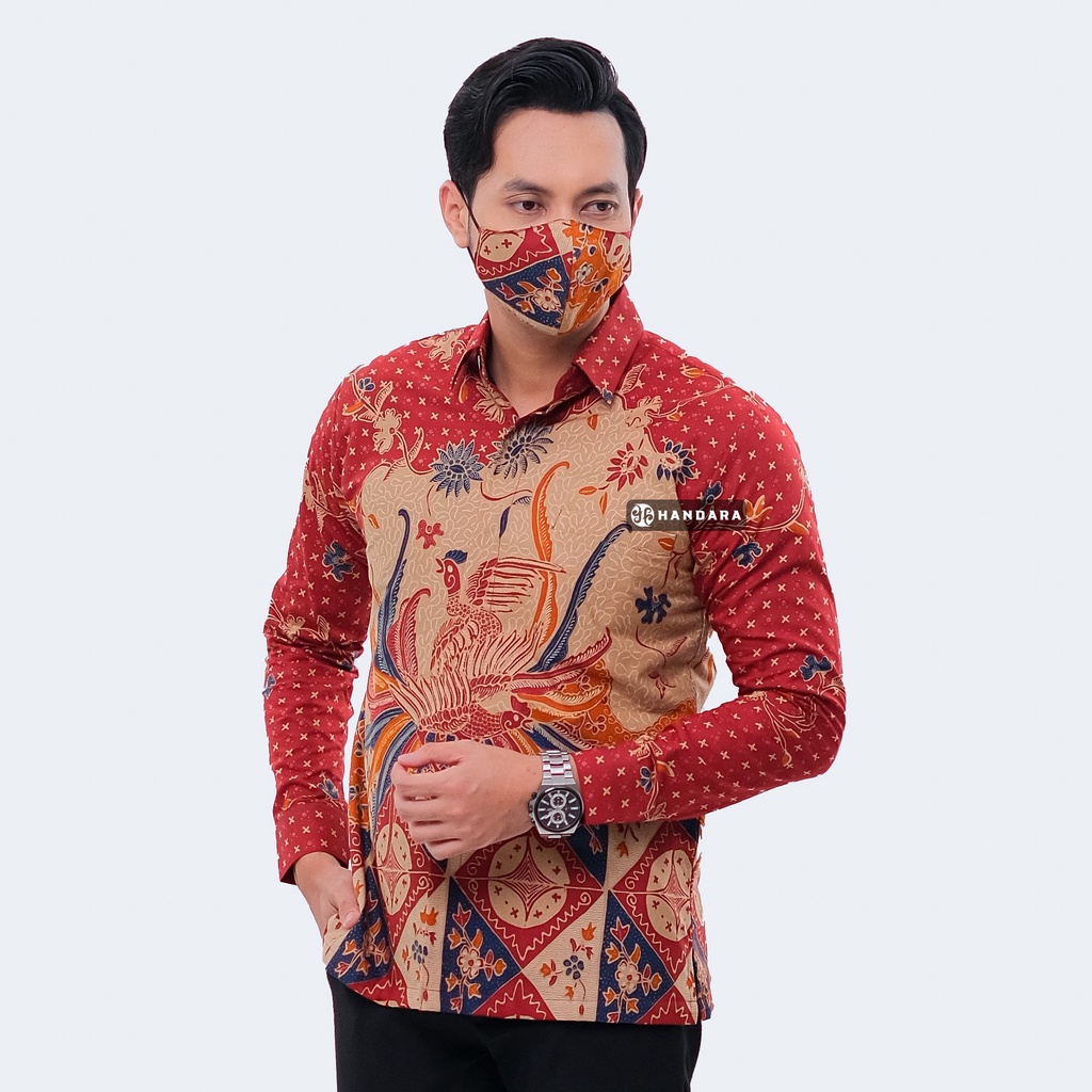 Handara Batik Pria Lengan Panjang Slim Fit Premium Kawung Wajik Merah HB-318