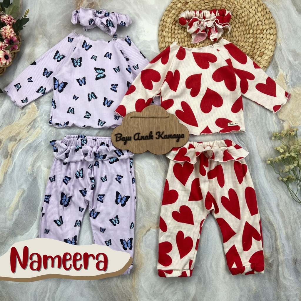 6-24BLN SETELAN BAYI NAMEERA WITH HEADBAND SCRUNCHIE SETELAN BAYI PEREMPUAN PREMIUM by MYBEE (SNI)