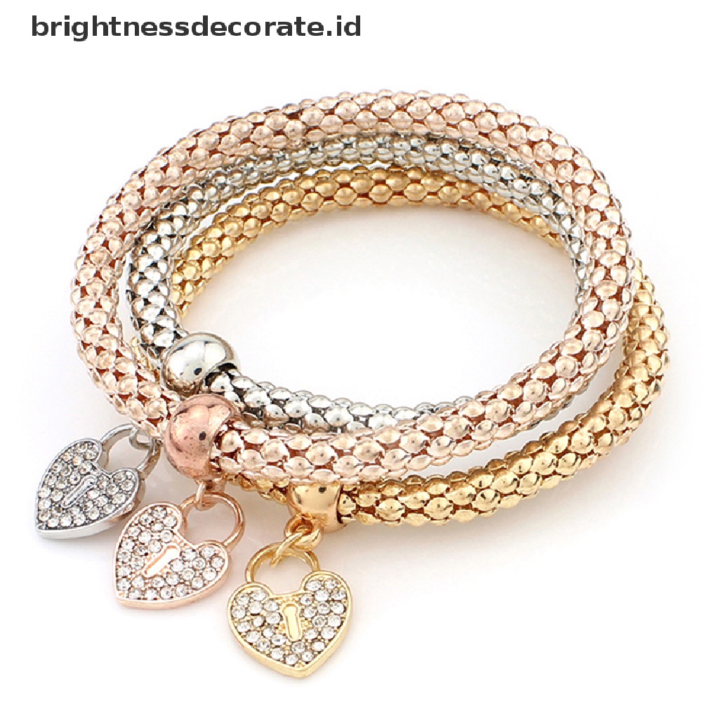 [Birth] 3pcs Wanita Fashion Ctue Pesona Kristal Berlian Imitasi Jantung Gelang Elastis Bangles [ID]