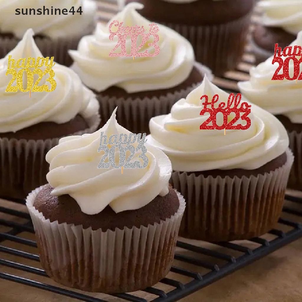 Sunshine 12Pcs Topper Kue 2023hiasan Kue Cupcake Glitter Pesta Tahun Baru2023.
