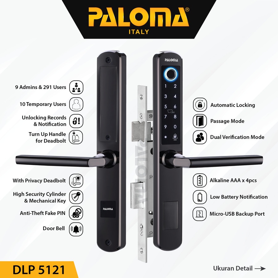 PALOMA DLP 5121 Digital Lock Smart Slim Door Frame Aluminium WiFi PASSWORD FINGERPRINT HITAM BLACK