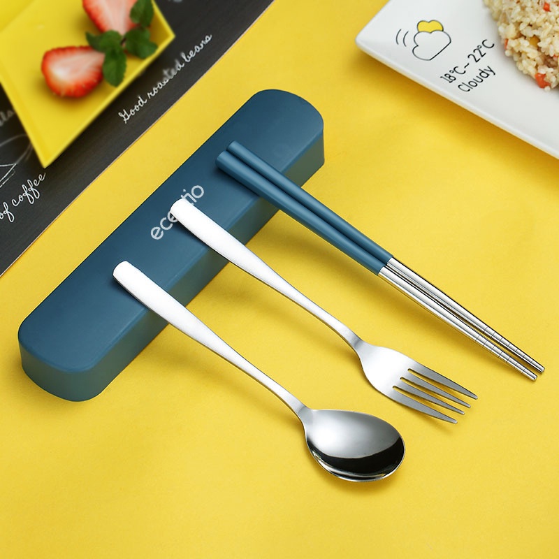 ecentio 2/3Pcs Stainless Steel Sendok Garpu Set Alat Makan Makan Dengan Sumpit Spoon  Sendok Makan