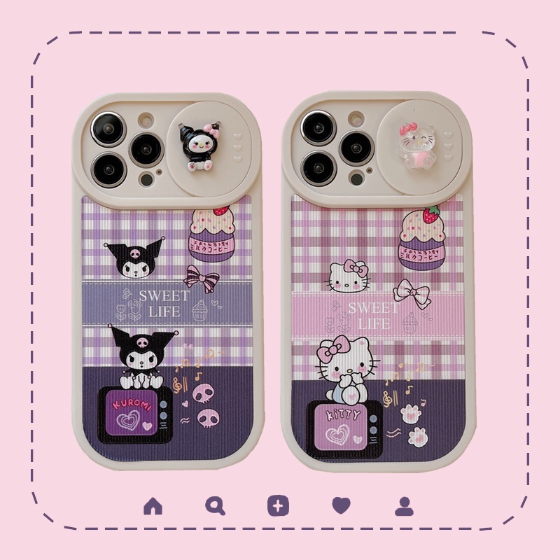 Kartun Kuromi Dan Kitty Case Pelindung Kamera Push-pull Anti-drop Untuk iPhone 14pro max Kamera Pelindung11 12 13 Pro max