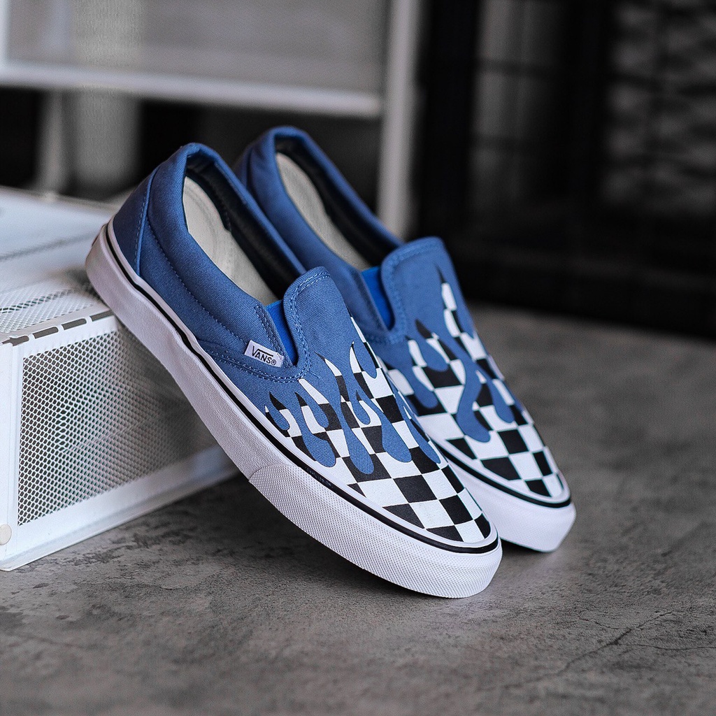 VANS SLIP-ON CHECKERBOARD FLAME/BLUE ORIGINAL 100%