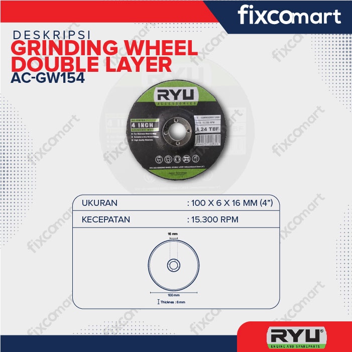 RYU Grinding Wheel 4 Inch Double Layer 100 X 6 X 16 Mm