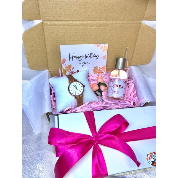 (Miffglow - Jam parfum) HAMPERS I KADO I GIFT BOX JAM TANGAN RANTAI PASIR MURAH jam tangan magnet hampers unik kado ulang tahun hampers simple mini scarlett whitening parfum boneka kado pacar kado sahabat Box hampers kotak hampers natal