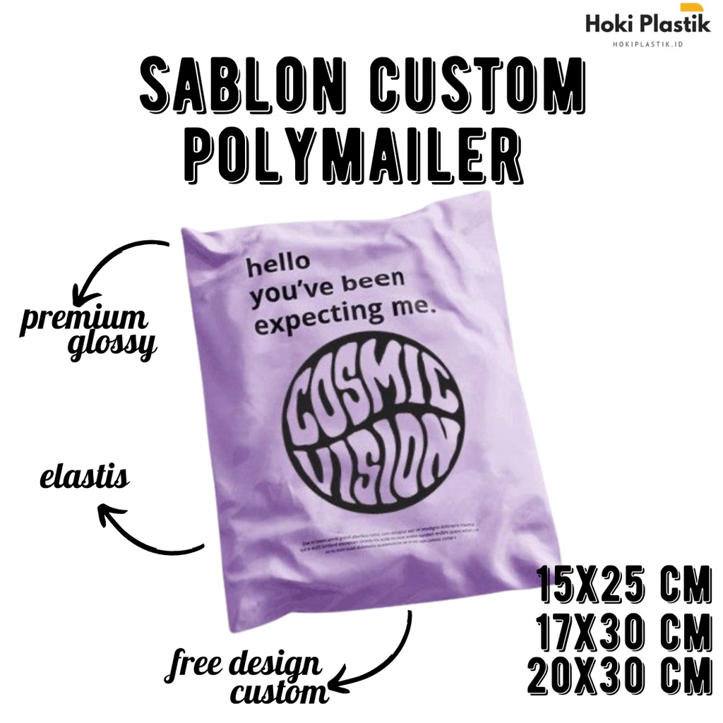 Sablon Custom Plastik Polymailer Amplop Free Design Murah Ukuran 15x25 17x30 20x30 Ungu Premium Glossy Elastis Tebal Tipis Besar Kecil Perekat Lem Kemasan Packing Olshop Brand Asesoris Baju Hijab Jaket Hoodie Celana Jilbab Kresek Pembungkus Paket