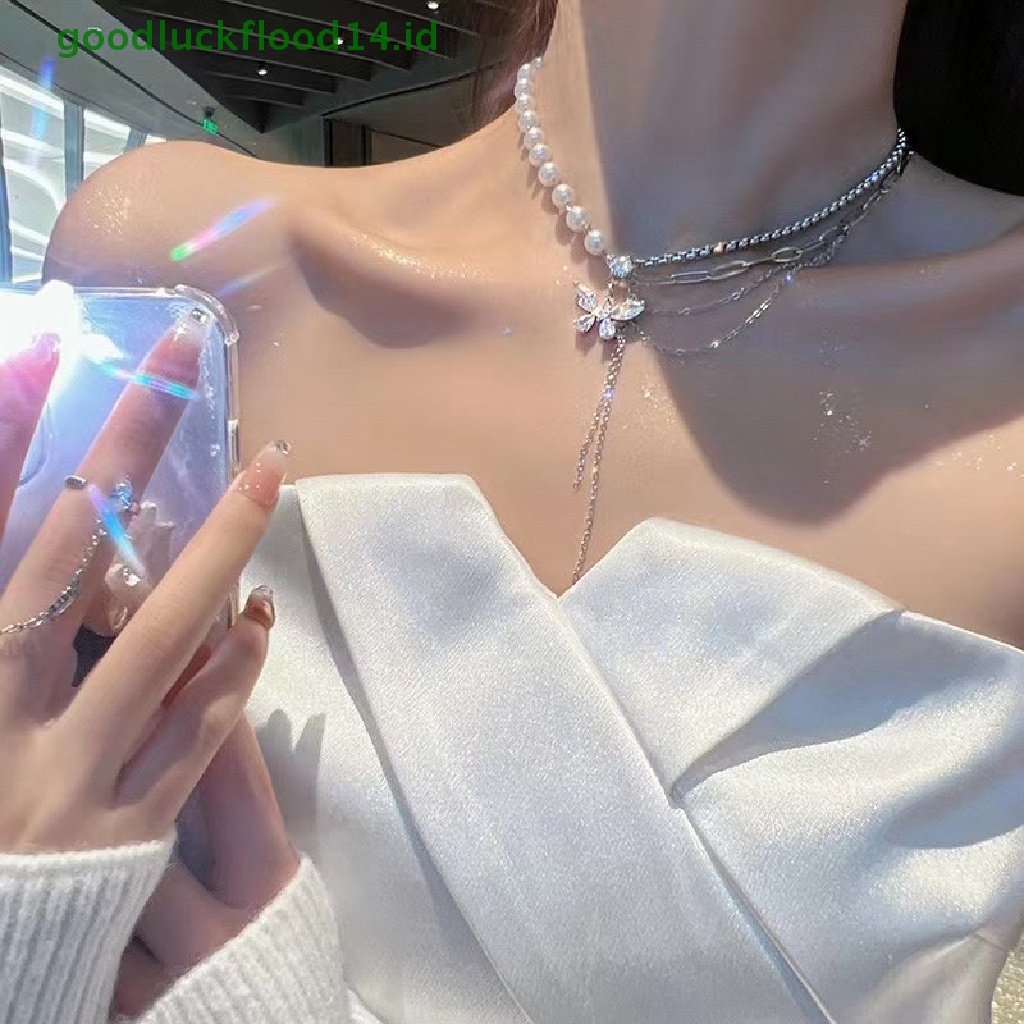 [GOOGFOUR] Kalung Kupu-Kupu Kristal Mengkilap Kalung Rantai Klavikula Mutiara Multi-layer Yang Indah Untuk Wanita2022 Tren Perhiasan Aesthetic [TOP]