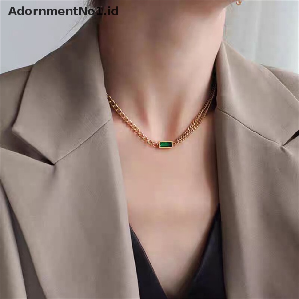 [AdornmentNo1] Fashion Perhiasan Halus Minimalis Zirkon Hijau Ch Tebal Leher Rantai Choker [ID]