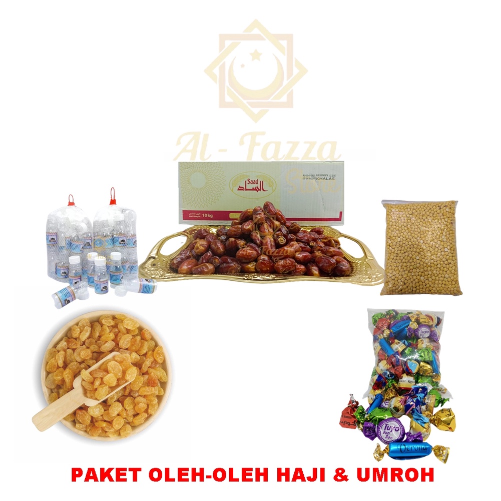 Paket Bahan Oleh-oleh Haji  &amp; Umroh 100 Pack, Kurma Khalas/Kacang Arab/Kismis/Coklat Turky Mix/Botol Air Zamzam