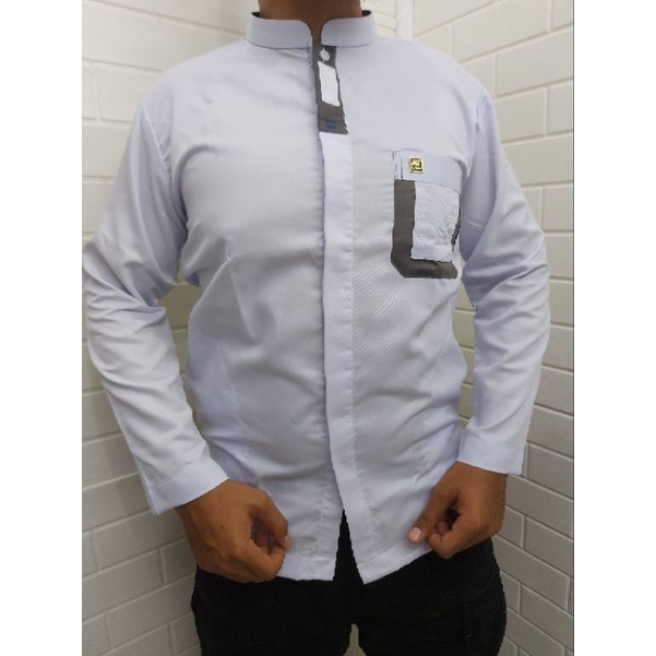 Baju Muslim Koko Pria Al-Wafa/AWF Premium Warna Putih Polos Lengan Panjang Cuff Label Metal