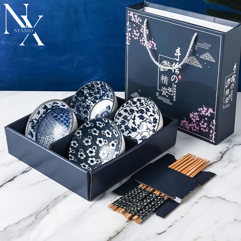 NexXio  Mangkok Set premium / Mangkuk Set Japan bah keramik / hampers Japanese Bowl set mangkok sumpit alat makan / Mangkuk Set Gift / Bahan Keramik Plus Paper Bag dan Sumpit