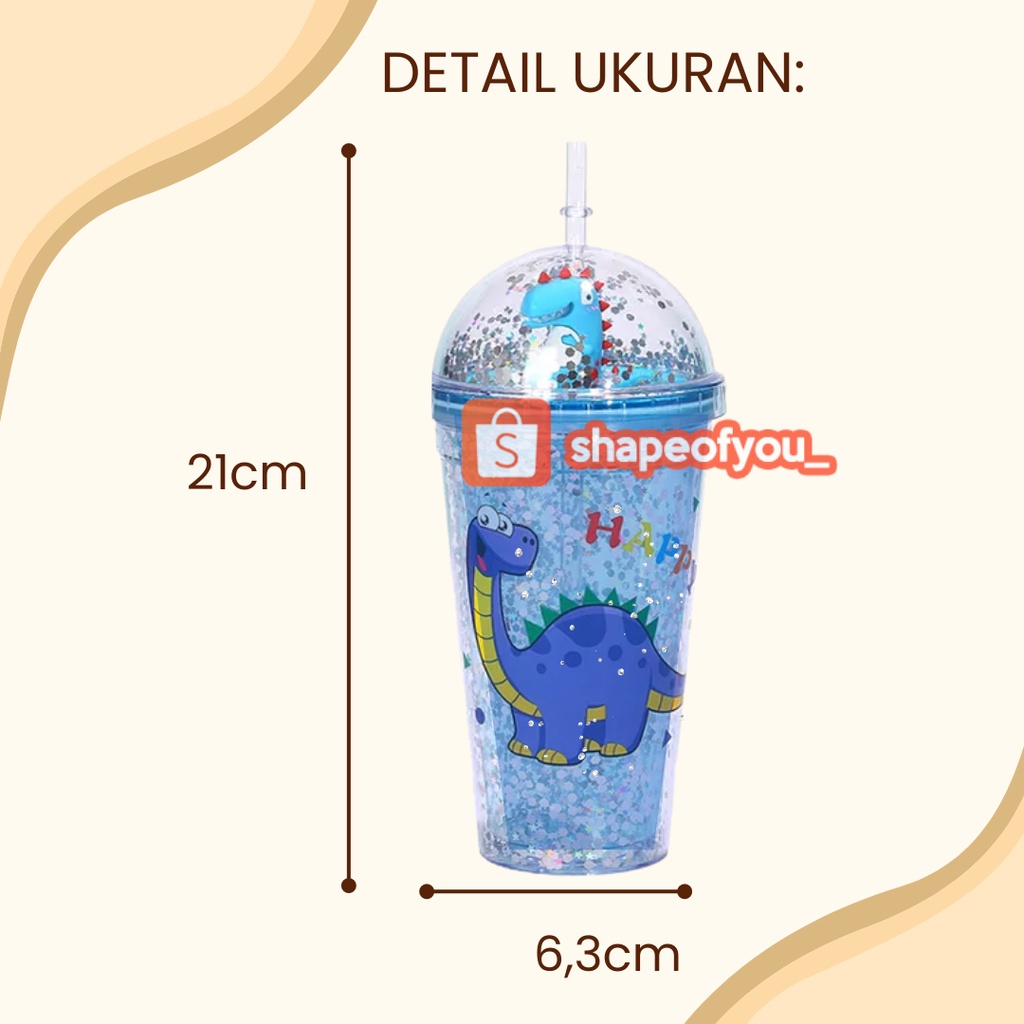 Botol minum Sedotan Tumbler Animal Dino Glitter 600ml Anti Tumpah Bpa Free