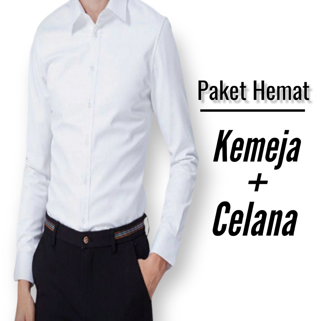 Setelan Kemeja dan Celana Kantor Set Hem Putih Polos dan Celana Formal Pria Slimfit Warna Hitam Abu Silver