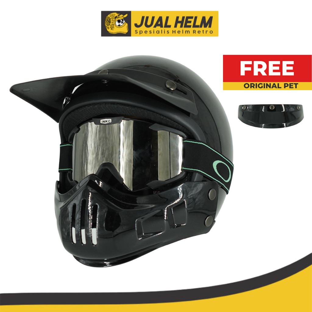 Helm Retro Cakil Modular + Goggle Inko + Pet Duck Cross