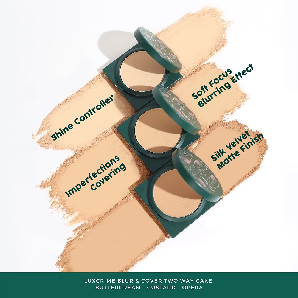 LUXCRIME Blur &amp; Cover Two Way Cake I Luxcrime Blur &amp; Cover Two Way Cake in Cream Puff, Buttercream, Custard, Honeycomb, Opera &amp; Cinnamon Full Size &amp; Mini Size I Tasya Farasya Approved BPOM Ori