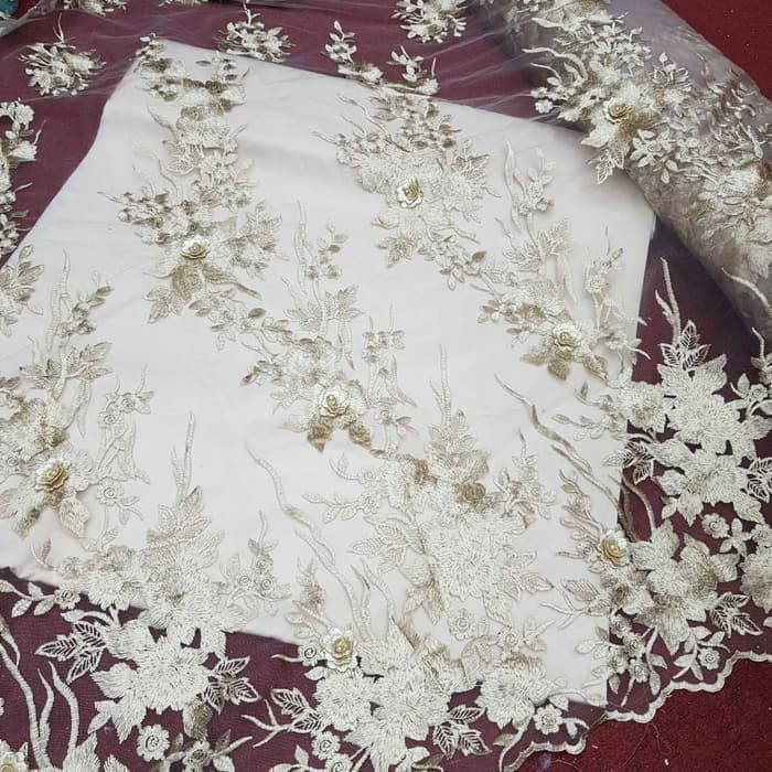 KAIN BROKAT TILE 3D. LACE BRUKAT BUNGA TIMBUL. BAHAN GAUN DRESS