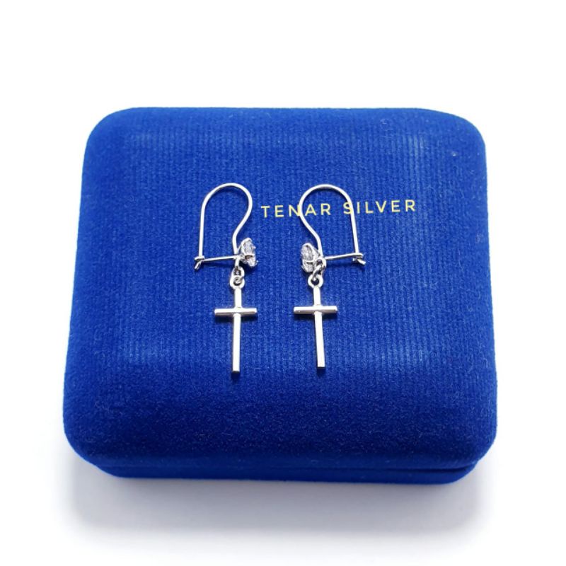 Anting Salib Silver 925 Lapis Emas Putih - Anting wanita Salib Polos Perak 925