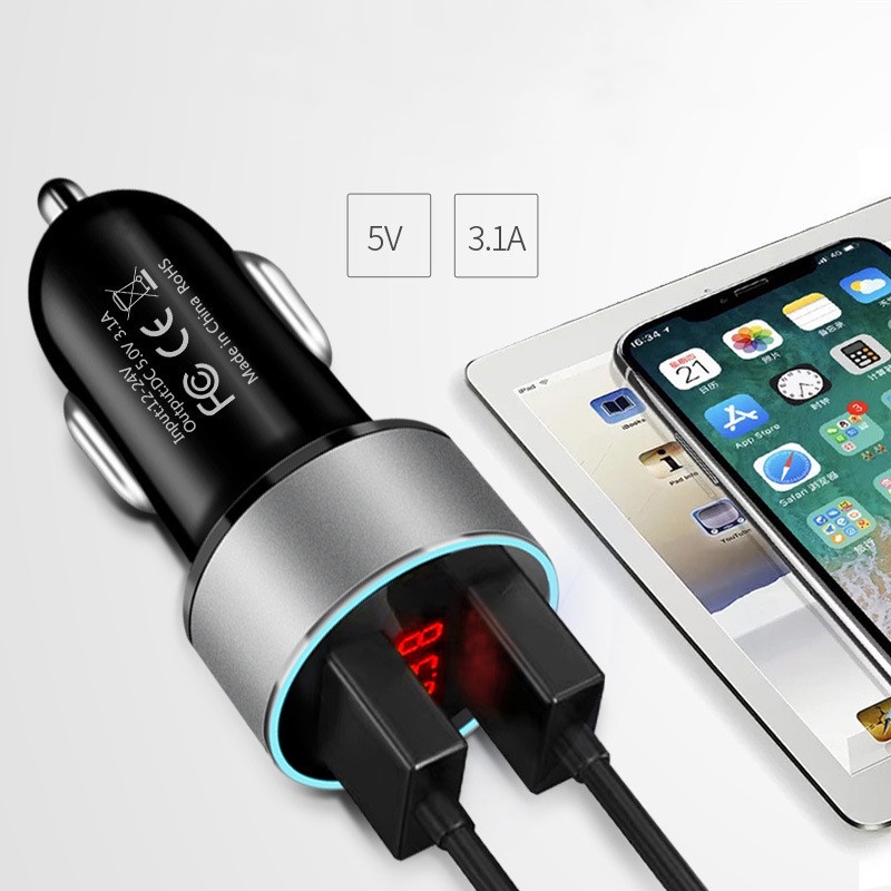 (COD)Mobil baru charger 3.1A multi-fungsi charging mobil dual USB digital display mini metal car charger（COD）