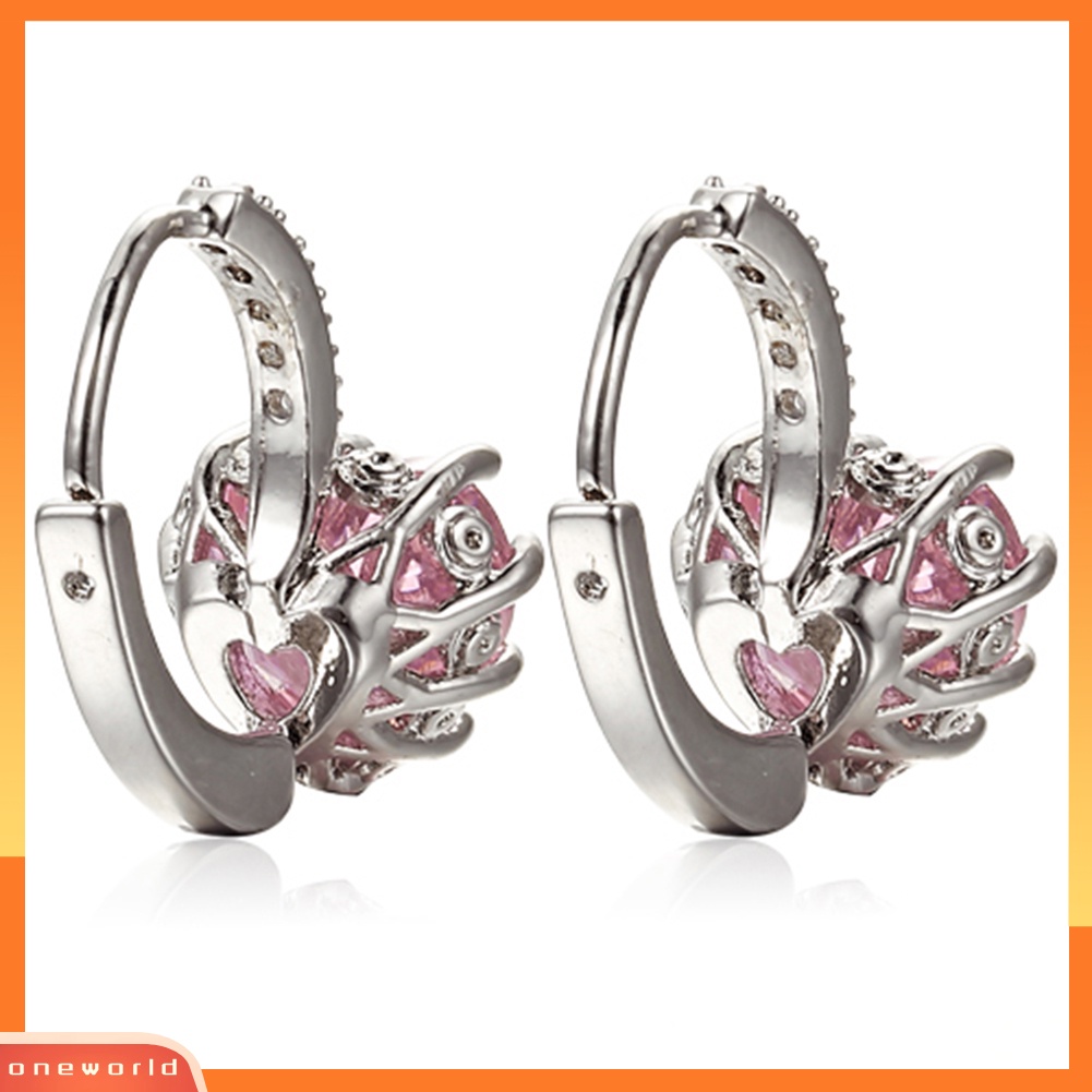 {oneworld} Wanita Mewah Pink Cinta Hati Berlian Imitasi Berlapis Emas Leverback Hoop Earrings