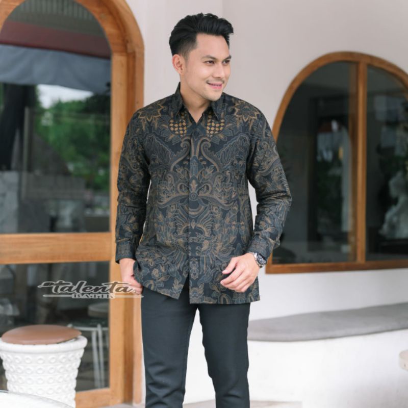 Batik kemeja pria ekslusif bahan katun halus baturaden size reguler pisang bali hitam denim