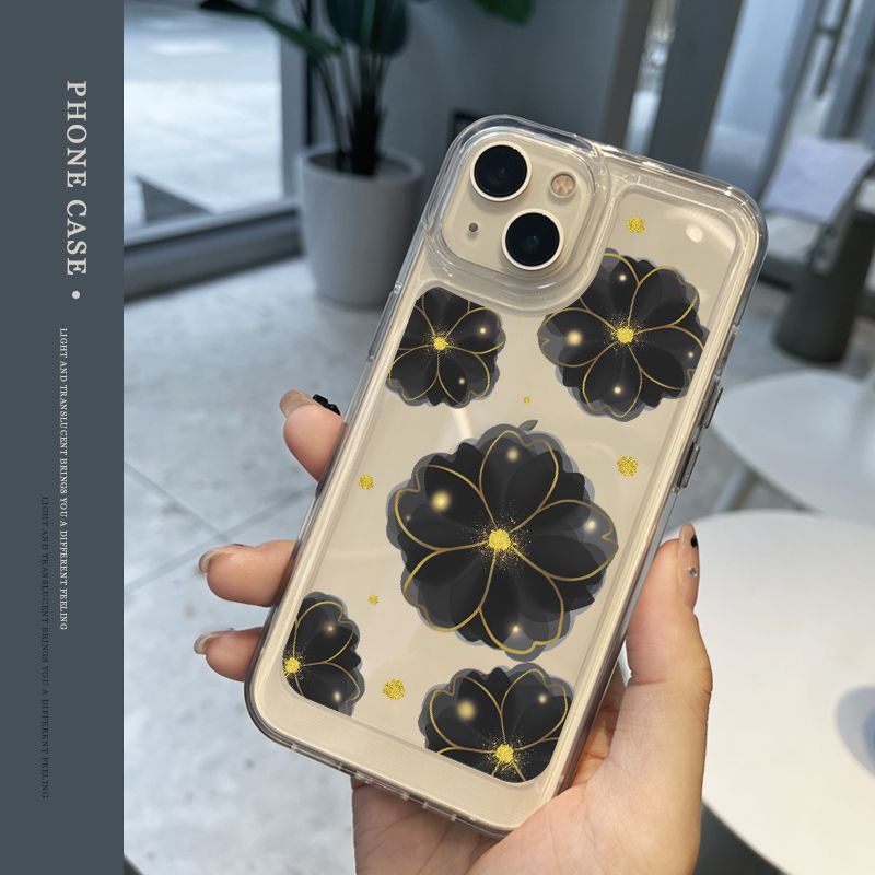 IPHONE Blcak Casing Ponsel Bunga Kompatibel Untuk Iphone14 11 13 12 Pro XS Max X XR 7 8 6S Plus Silcone Lembut Casing Tahan Guncangan Transparan TPU Cover