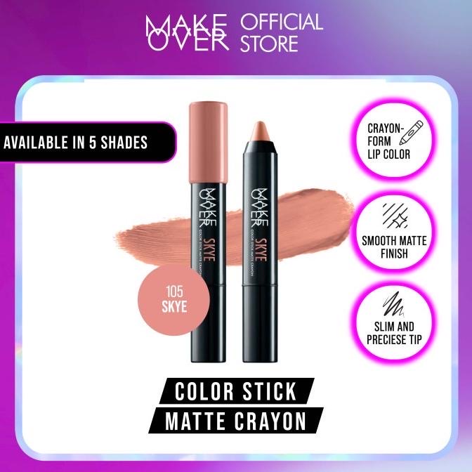 MAKE OVER Color Stick Matte Crayon Indonesia / Lipstick 2.6g / Crayon Form Lip Color Smooth Matte Finish Slim And Precise Tip / 101 Brooklyn 102 Iris 103 Harper 104 Blake 105 Skye / Makeup Cosmetic Lips Make Up Lipstik Kosmetik Bibir Gincu Makeover Series