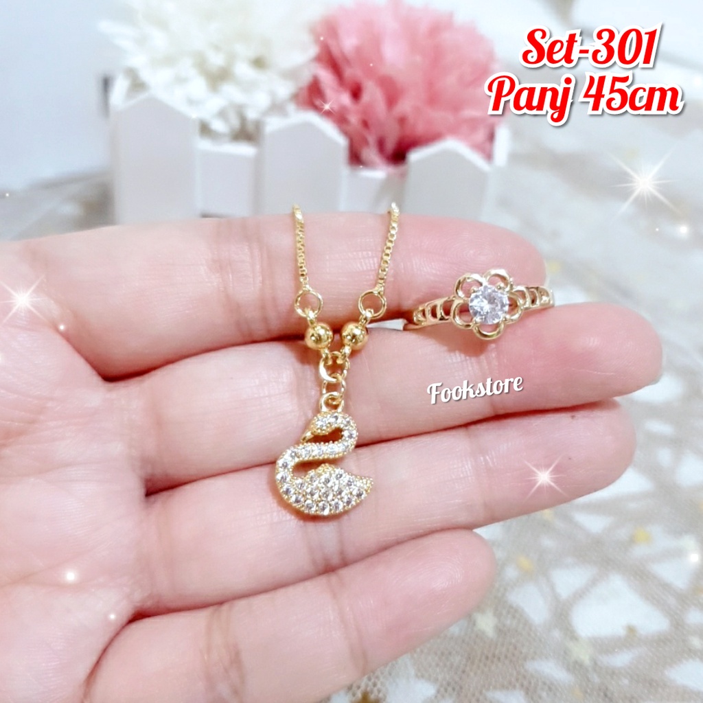 SET AKSESORIS PERHIASAN 2 IN 1 KALUNG DAN CINCIN KUALITAS PREMIUM