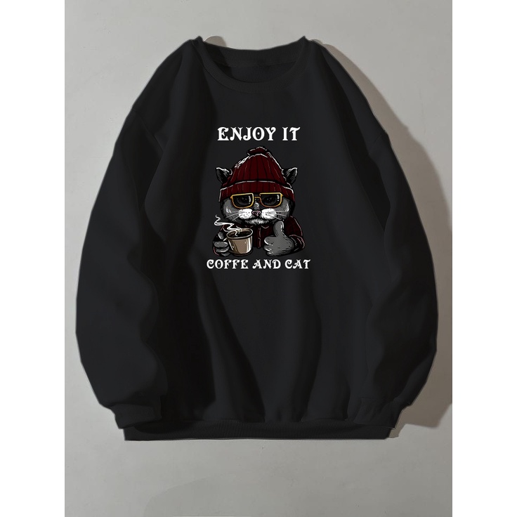 Sweater Crewneck Pria Wanita COFFE AND CAT / Switer Jumper Pria Wanita Bahan Fleece