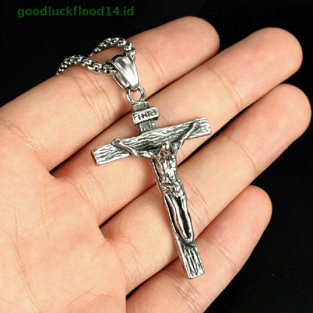 [GOOGFOUR] Pria Perak Stainless Steel Yesus Kristus Salib Salib Liontin Kalung Rantai [TOP]