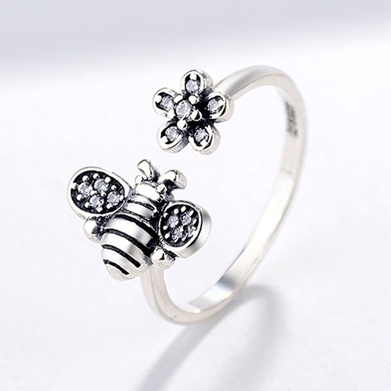 Retro Kuno Warna Perak Tanaman Hewan Terbuka Jari Cincin Wanita Lebah Bunga Cabang Lebah Kupu-Kupu Pesona Gadis Perhiasan Ring