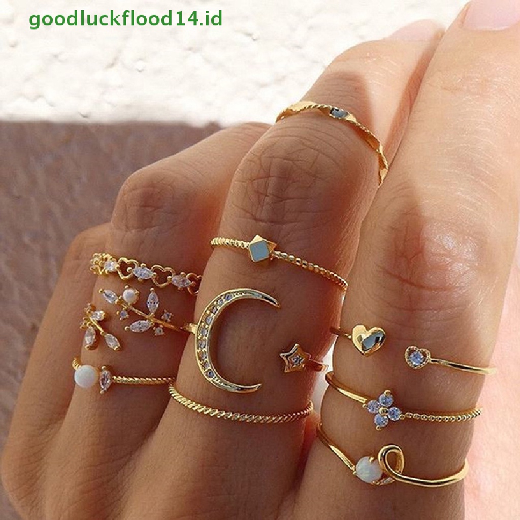 [GOOGFOUR] 10pcs/set Cincin Bulan Bintang Wanita Gadis Bohemian set Perhiasan Hadiah Aksesoris [TOP]