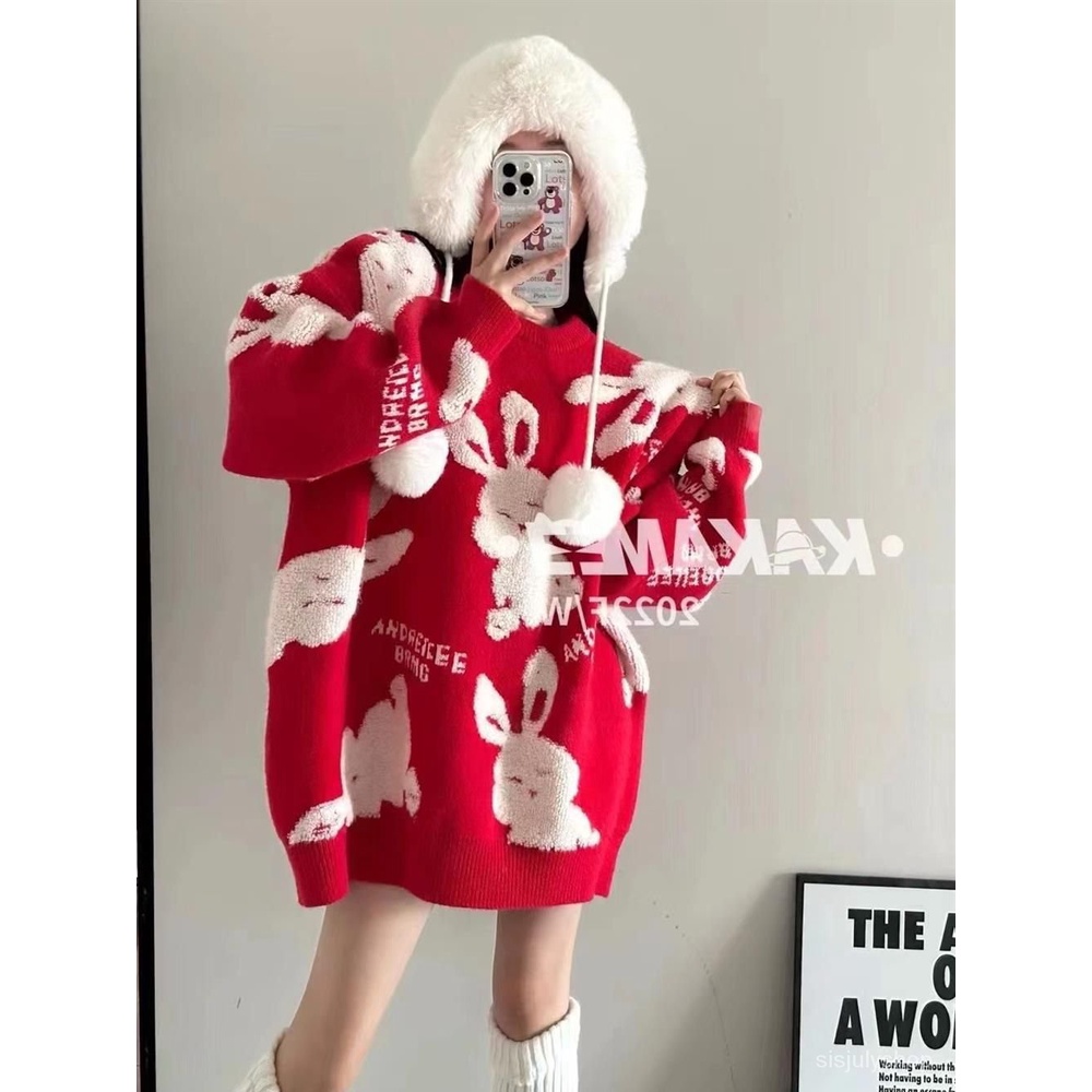 #Sisjuly# Wanita jumper kelinci merah menebal sweater rajutan longgar baru